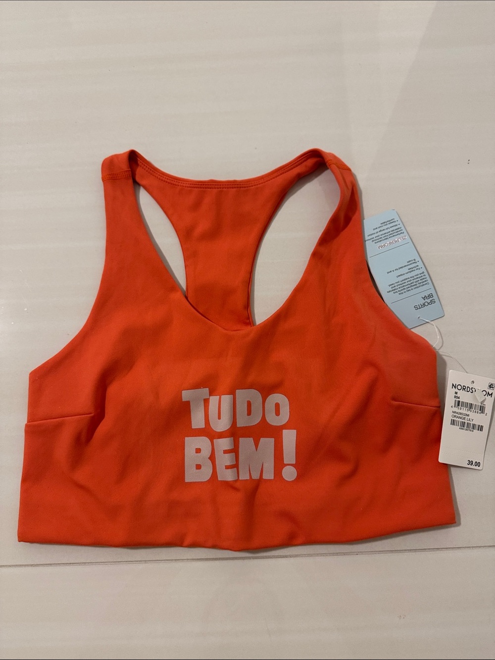 Zella Orange Swim Crop Top with 'TUDO BEM!' Print